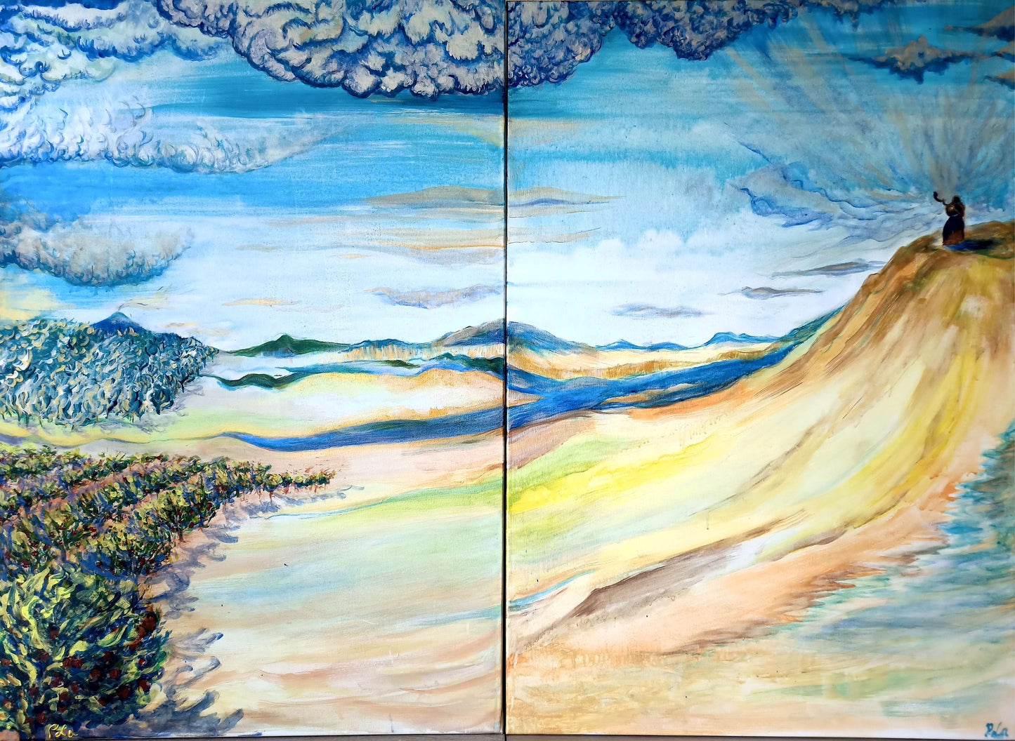 Moses Blowing his Horn near a Pomegranate Field. Original acrylic painting on stretched canvas.