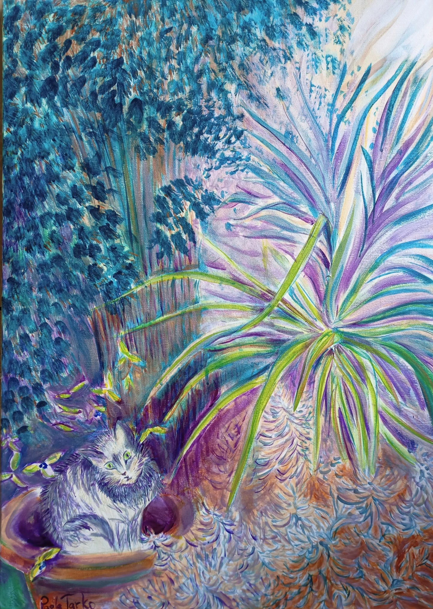 Little Cat in a Flowerpot - original acrylic painting on stretched canvas