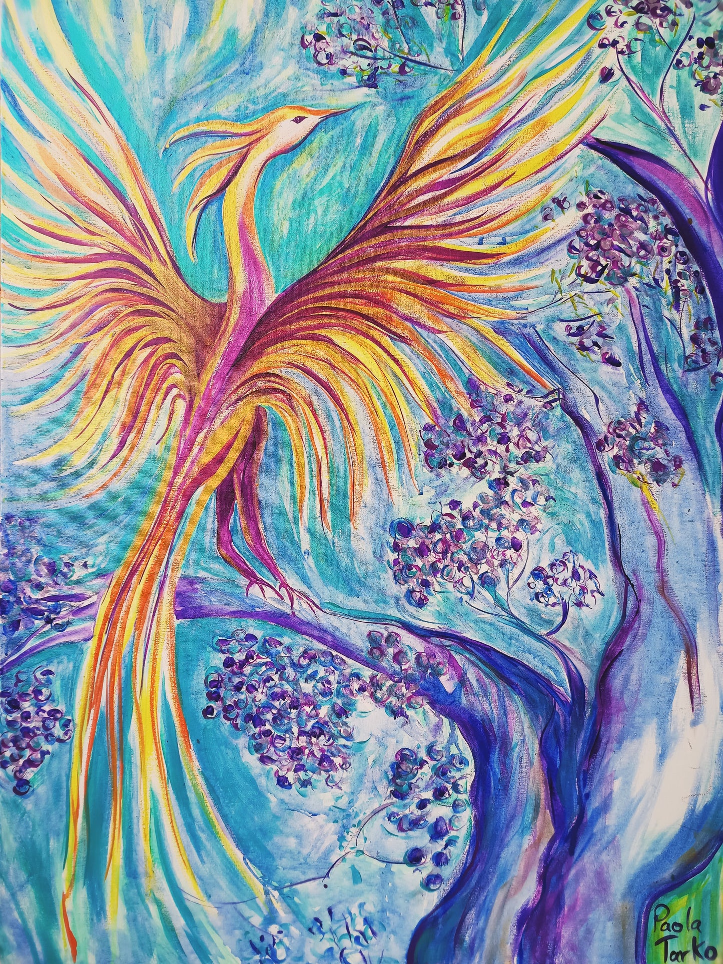 Phoenix Bird on Jakaranda Trees - original acrylic painting on stretched canvas