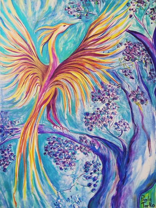 Phoenix Bird on Jakaranda Trees - original acrylic painting on stretched canvas