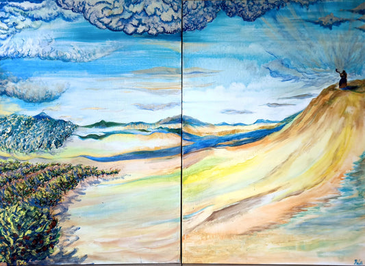Moses Blowing his Horn near a Pomegranate Field. Original acrylic painting on stretched canvas.