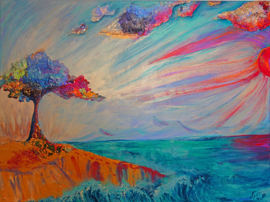 Delonix Tree on a Cliff - original acrylic painting on stretched canvas