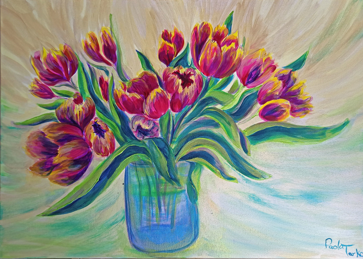 Jolly Tulips in a Vase - original acrylic painting on stretched canvas