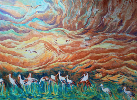 Cranes and Eagles - original acrylic painting on stretched canvas