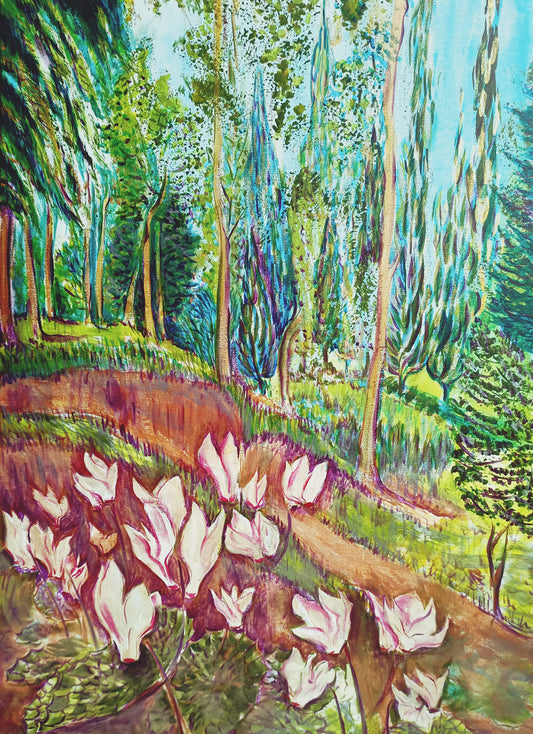 Cyclamen Flowers Forest Landscape - original acrylic painting on stretched canvas