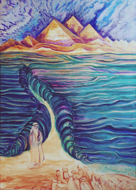 Moses and his People once crossing the Red Sea. Original acrylic painting on stretched canvas.