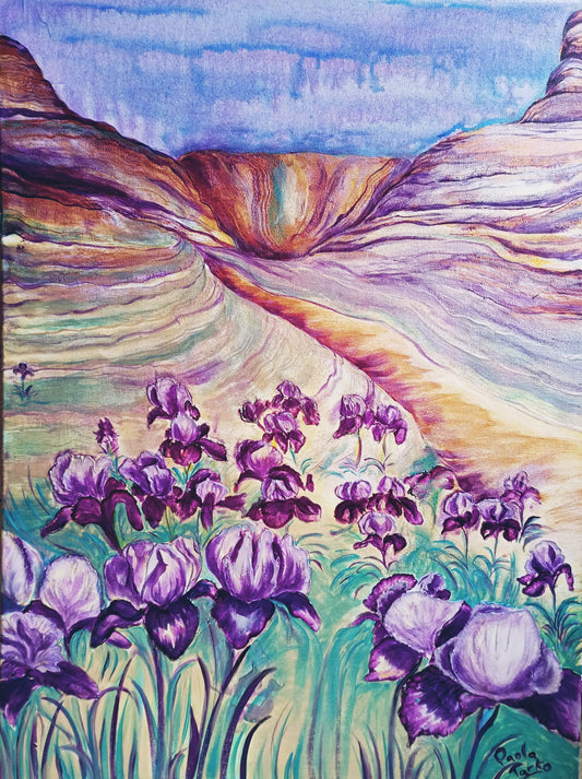 Irises Blooming in Holy Land Desert - original acrylic painting on stretched canvas