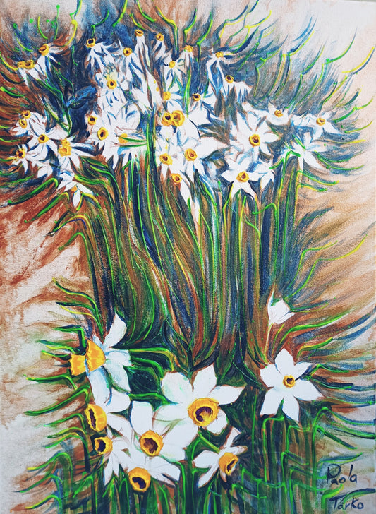 Late Autumn Daffodils - original acrylic painting on stretched canvas