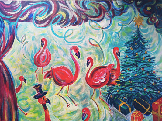 Christmas Flamingos - original acrylic painting on stretched canvas