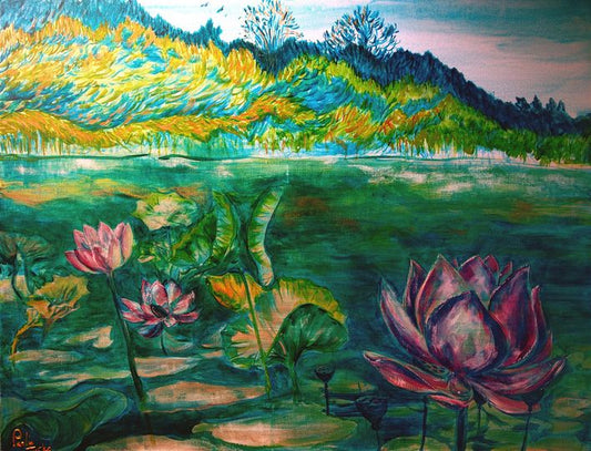 Lotus Lake Landscape - original acrylic painting on stretched canvas