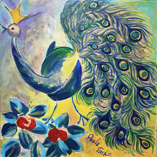 Peacock in Edem Garden - original acrylic painting on stretched canvas
