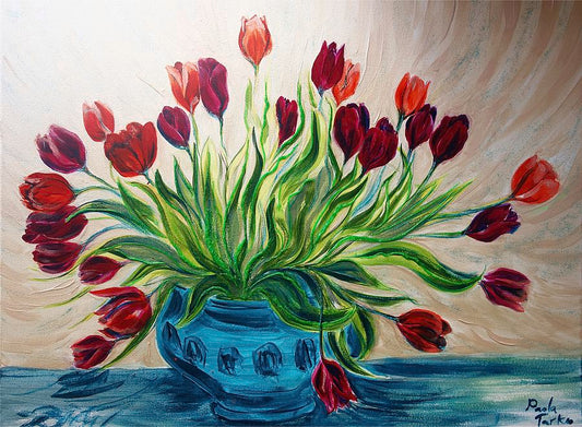 Tulips in a Blue Vase - original acrylic painting on stretched canvas